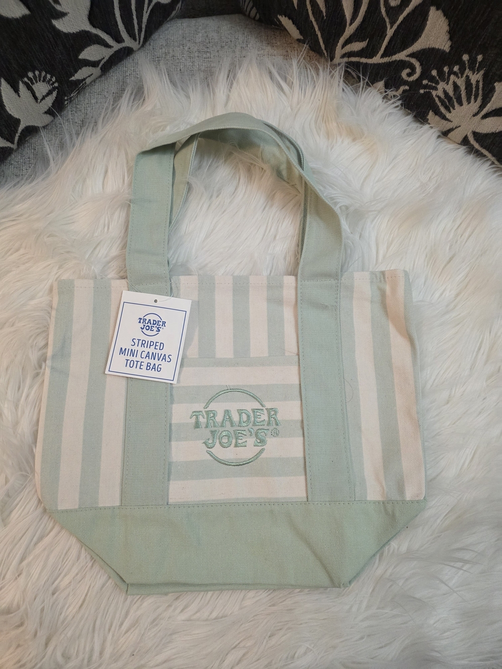 Trader Joe's Mint Green Striped Canvas Tote Bag